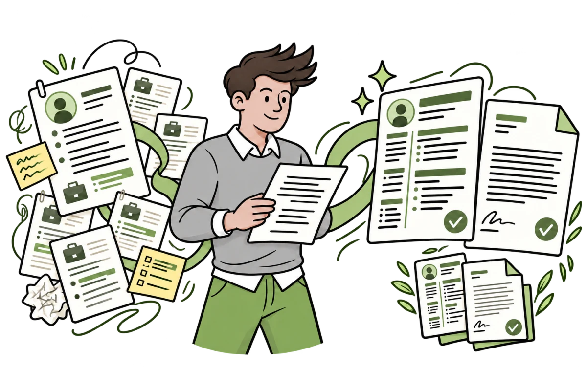 A calm mascot organizes a jumble of resumes, job postings and notes into polished resumes and matching cover letters.
