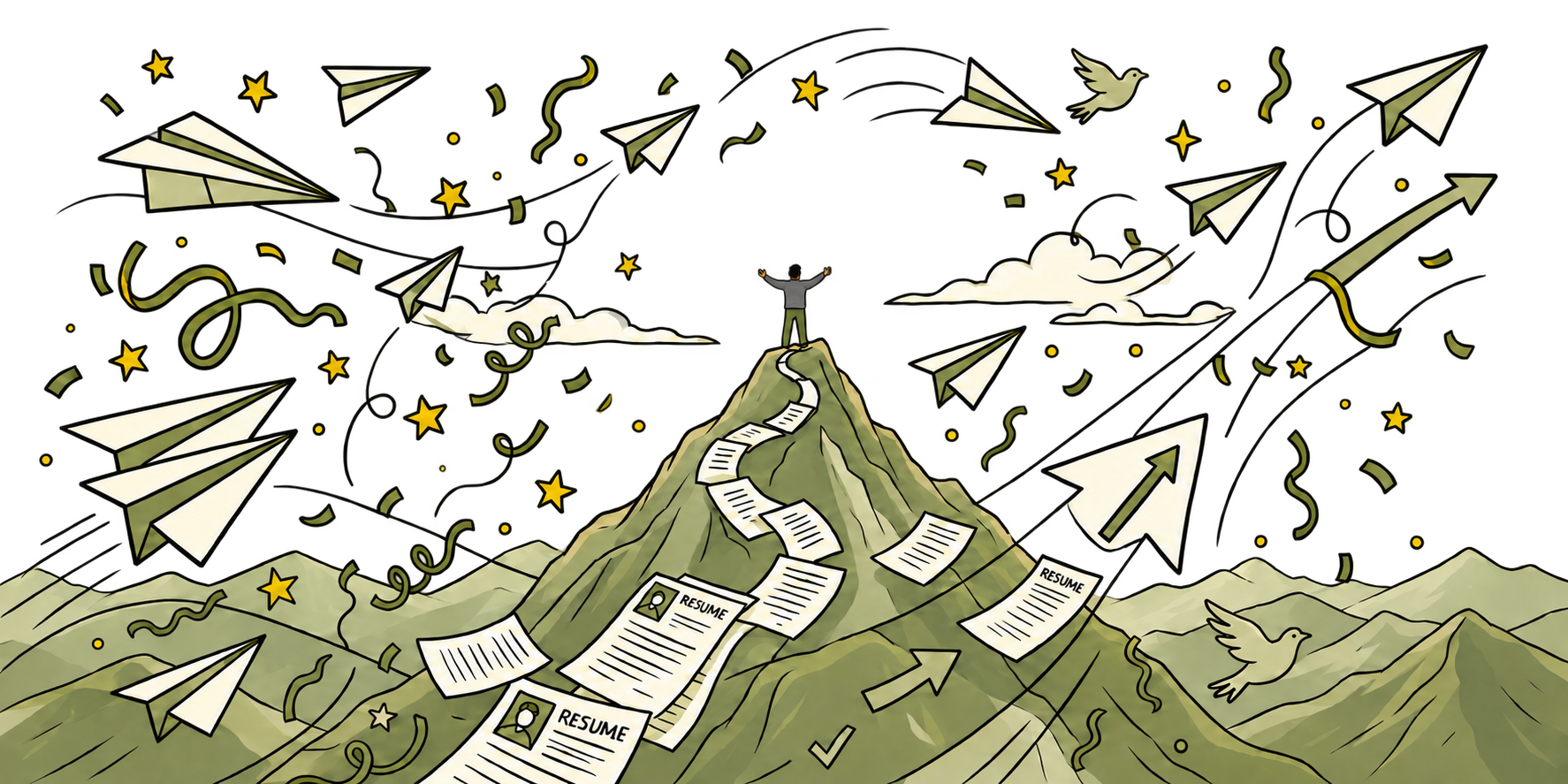 Our mascot reaching a summit with a completed resume as paper planes soar ahead