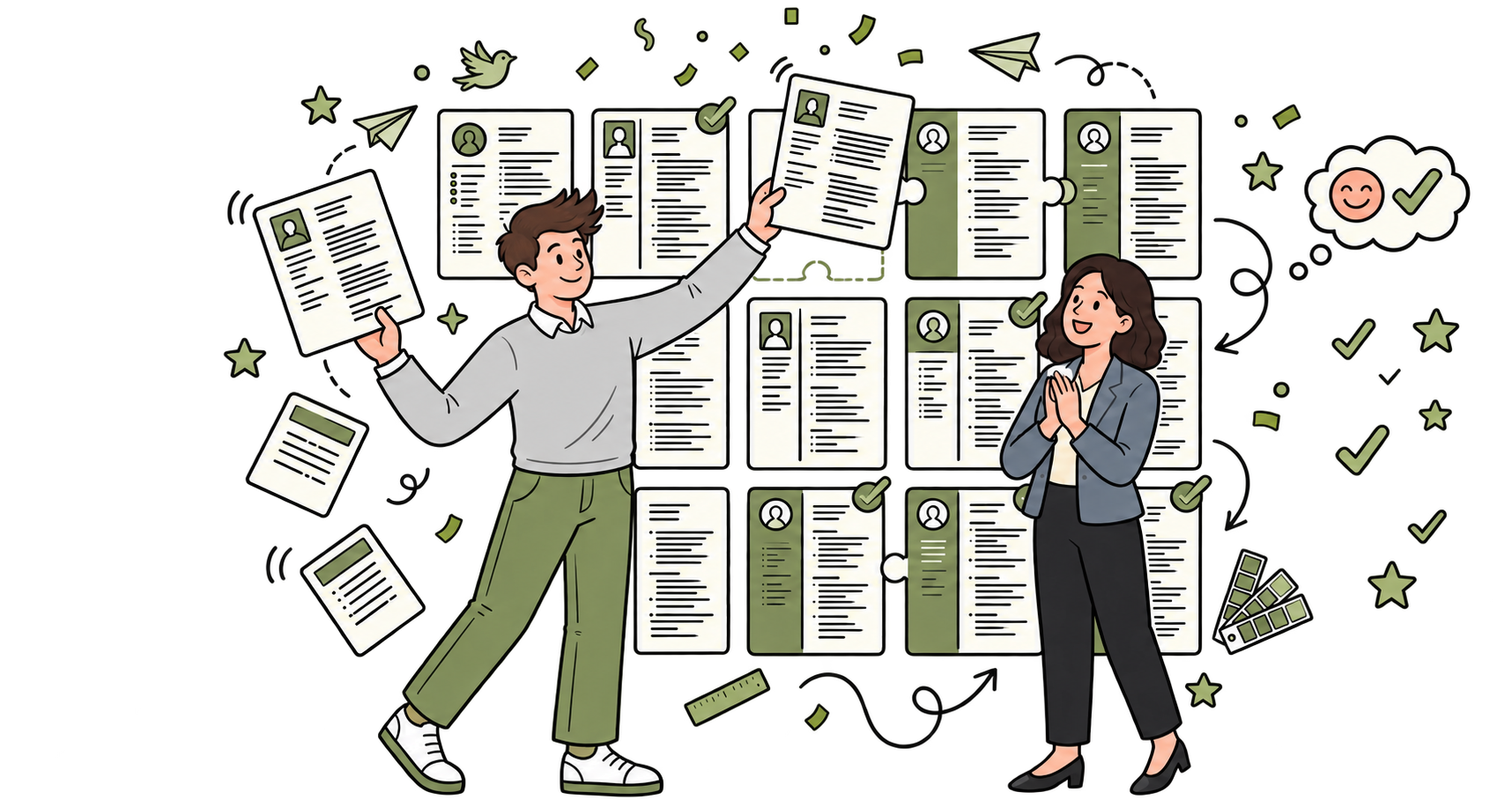People choosing from a wall of resume templates